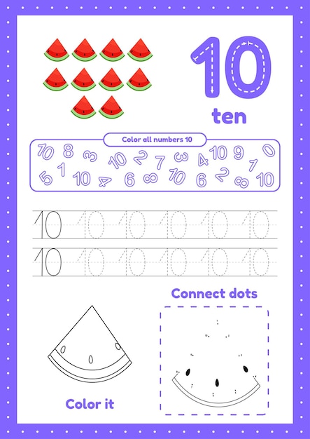 Learning numbers Number 10 Trace color dot to dot on one page