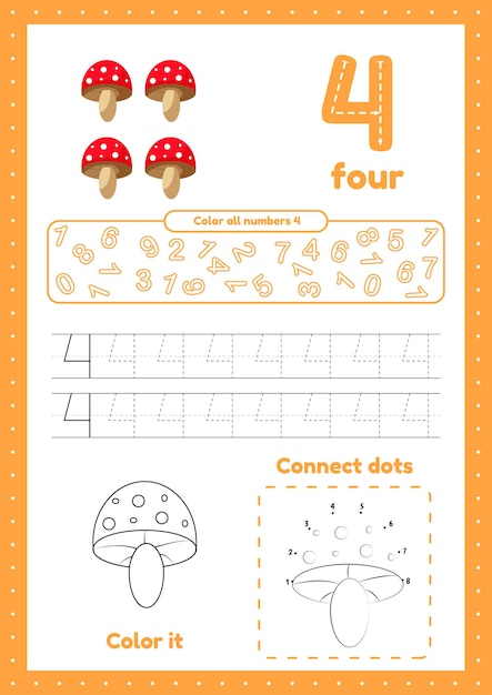 Learning numbers Number 4 Trace color dot to dot on one page