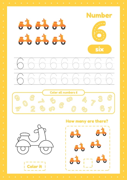 Learning numbers number 6 trace color counting scooters