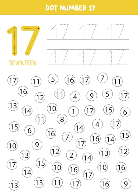 子供と一緒に数字を学ぶ。 17番。すべての数字をドット17。子供のための数学のゲーム。
