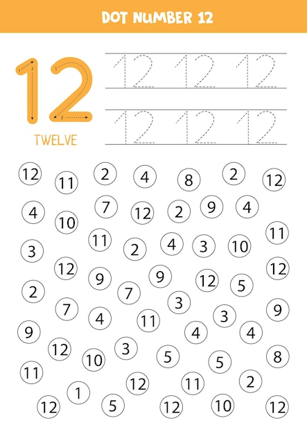 Learning numbers with kids. number twelve. dot all numbers 12. math game for children.