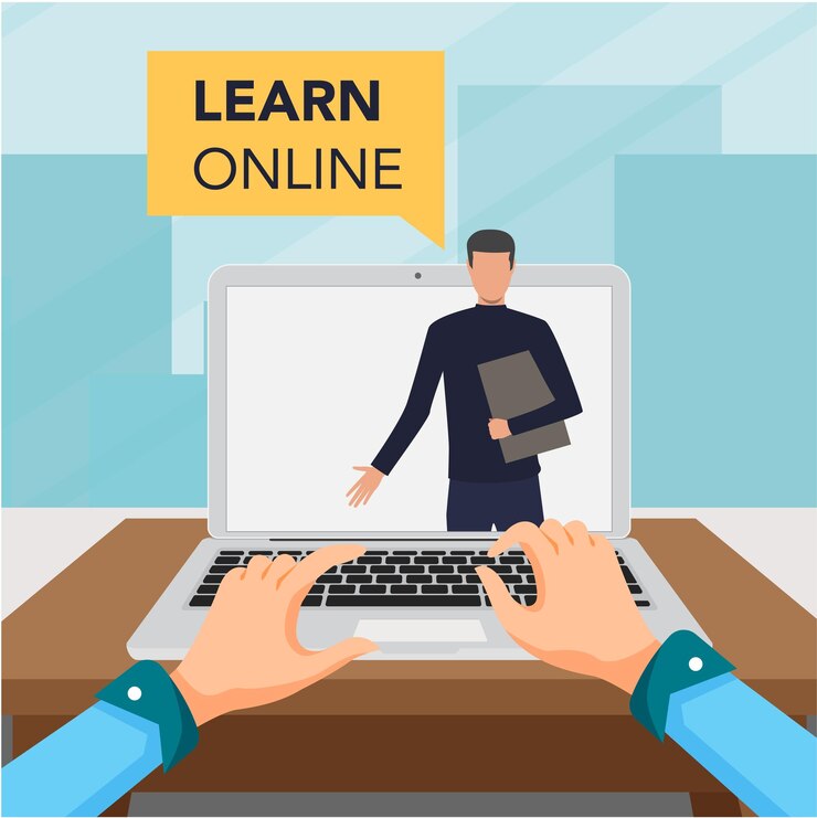 Learning online concept for online school Vector laptop on blue background