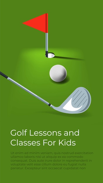 Learning to play golf for kids. Children education and development of skills. Competitive sports, hobby and outdoors activities. Lessons and courses, posters with information. Vector in flat style