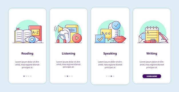 Learning process onboarding app screen pages. Smartphone application walkthrough with cartoon illustrations. Mobile UI template with 4 steps. User interface design with simple purple color concepts