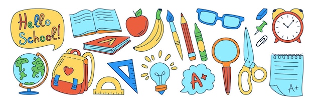 Imparare le forniture scolastiche doodle kit torna al concetto di istruzione in linea disegnata a scuola per il vettore studente