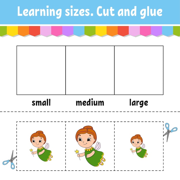 Learning sizes cut and glue easy level color activity worksheet game for children