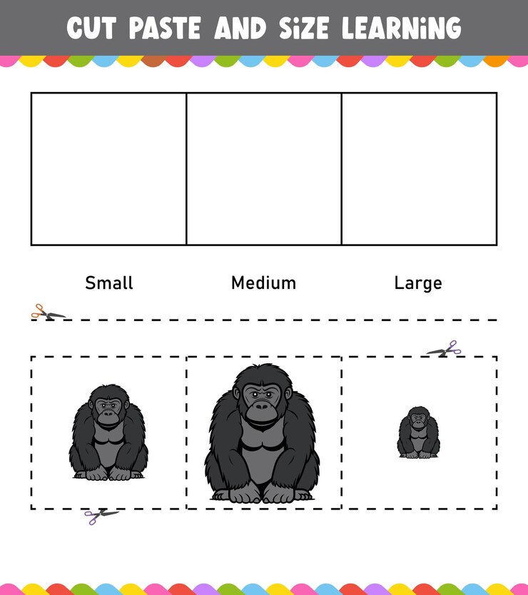 Vector learning sizes cut and paste easy activity worksheet game for children with cute animal