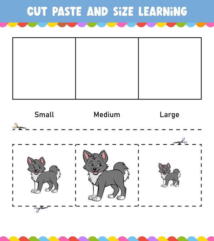 Vector learning sizes cut and paste easy activity worksheet game for children with cute animal