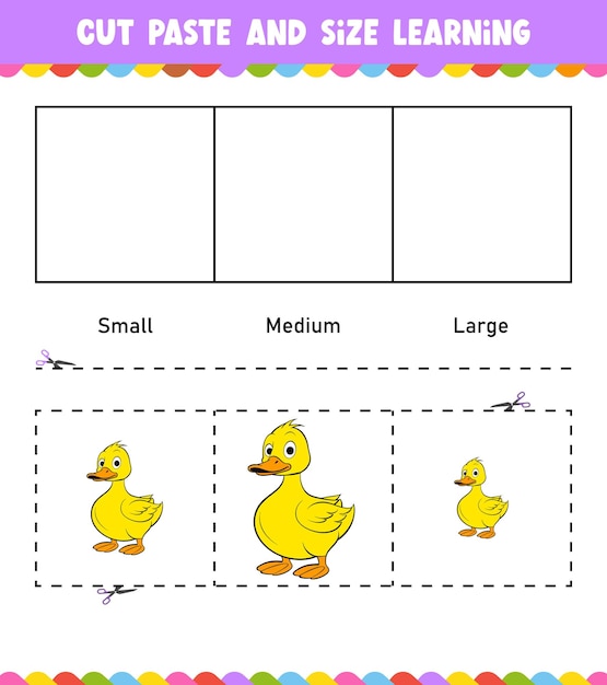 학습 크기 귀여운 동물과 함께 어린이를위한 쉬운 활동 워크시트 게임을 잘라 붙여넣기