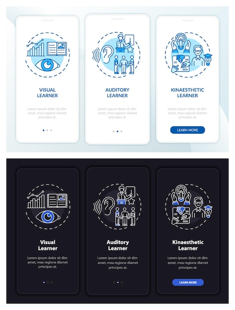 Стили обучения на экране страницы мобильного приложения с концепциями