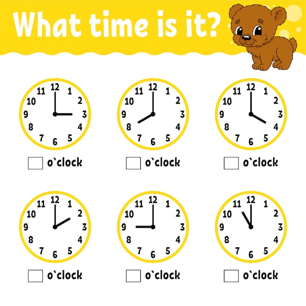 Vector learning time on the clock. educational activity worksheet for kids and toddlers.