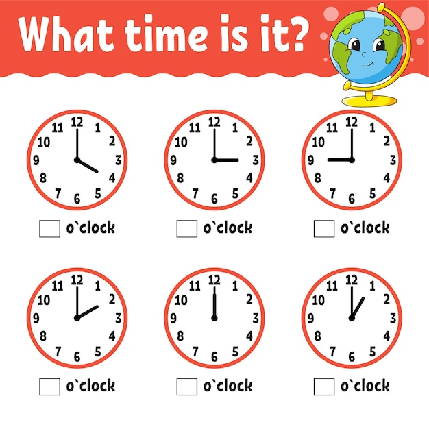 Learning time on the clock. educational activity worksheet for kids and toddlers.