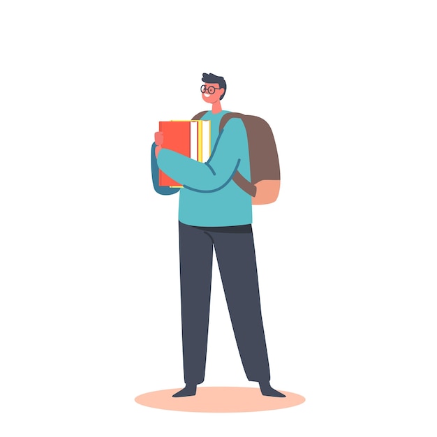 Vector learning in university or college educated teenager young man student character in glasses with backpack and books