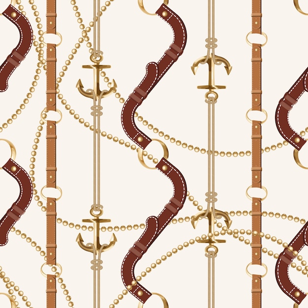 Leather belts with buckles and chains and anchors seamless pattern