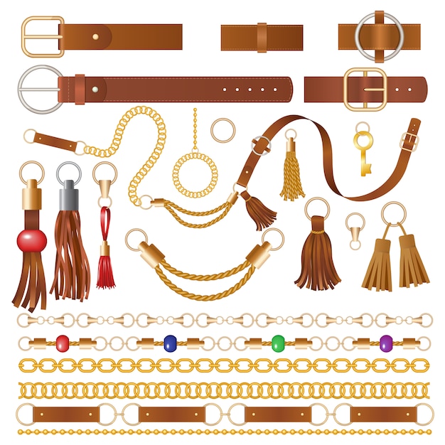 Leather elements. fabric decoration for clothes luxury chains straps and embroidery braided details illustrations