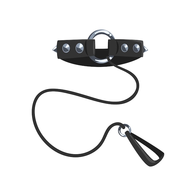 Vector leather fetish collar with steel spikes and leash, fetish stuff for role playing and bdsm vector illustration isolated on a white background.