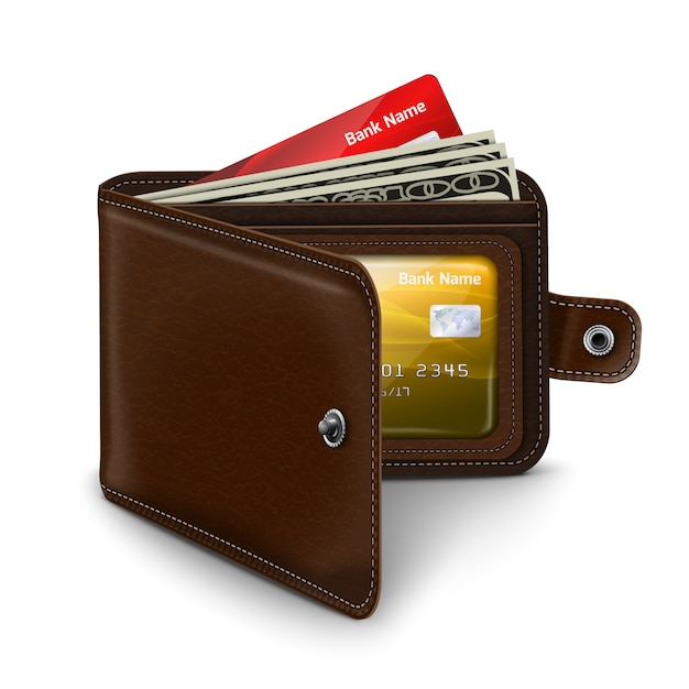 Leather open wallet with credit card money bills