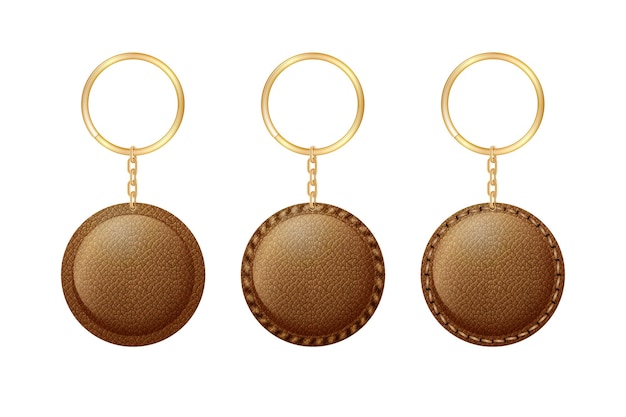 Vector leather round keychain holder trinket for key with metal ring