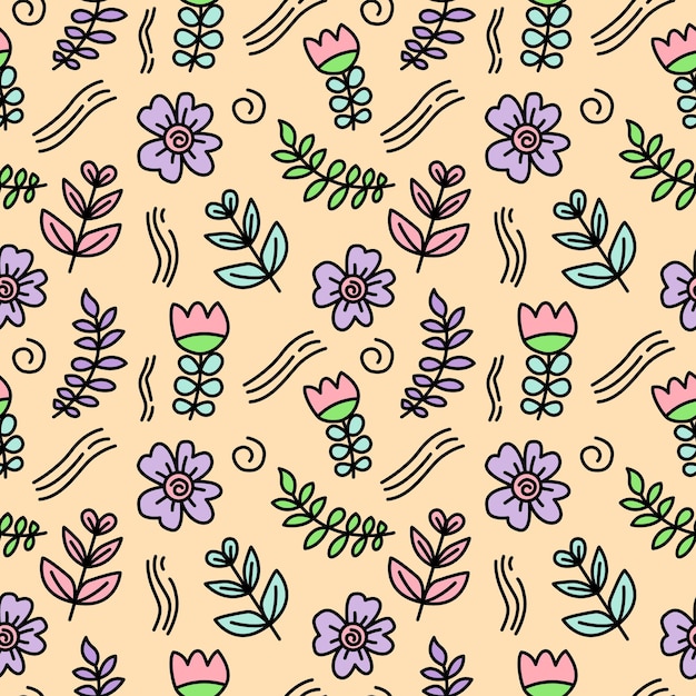 ベクトル 葉と花の落書きのシームレスなパターンの背景
