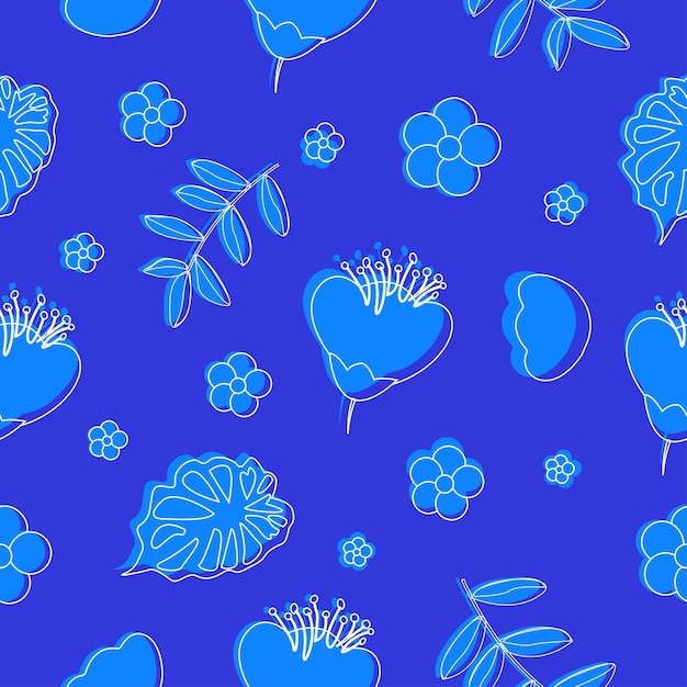 葉と花の青いシームレスパターン