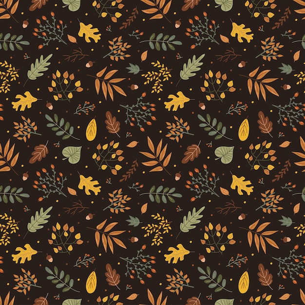 leaves and branches Autumn print on a dark background Hand drawing Simple pattern Vector illustration