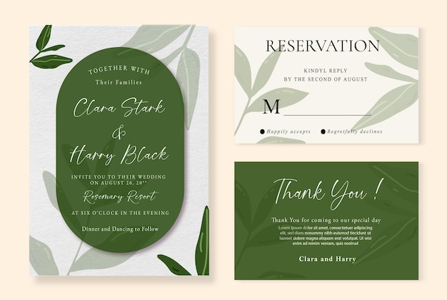 Vector leaves calm minimalist elegant wedding invitation set template mockup free vector