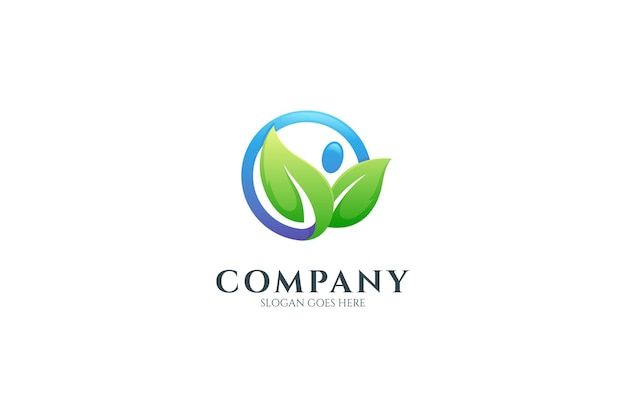 Leaves care people logo design in simple circle frame