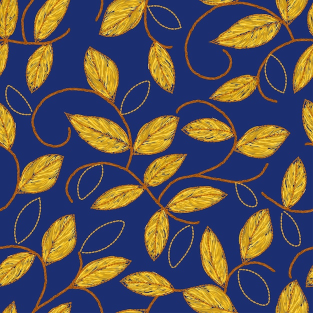 Leaves embroidery color illustration floral seamless pattern