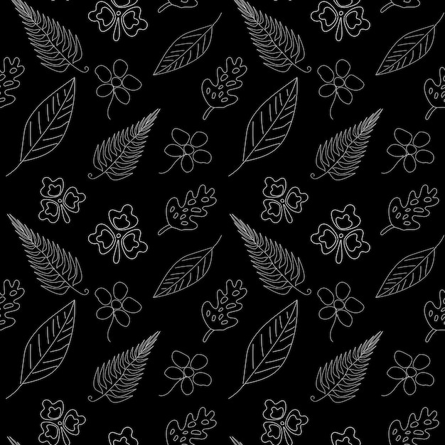 黒い背景に葉と花のシームレスなパターン。抽象的な幾何学的な花葉のラインのシームレスです