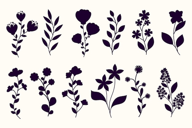 Leaves flowers and branches silhouettes set wild plants and garden flowers silhouettes on white