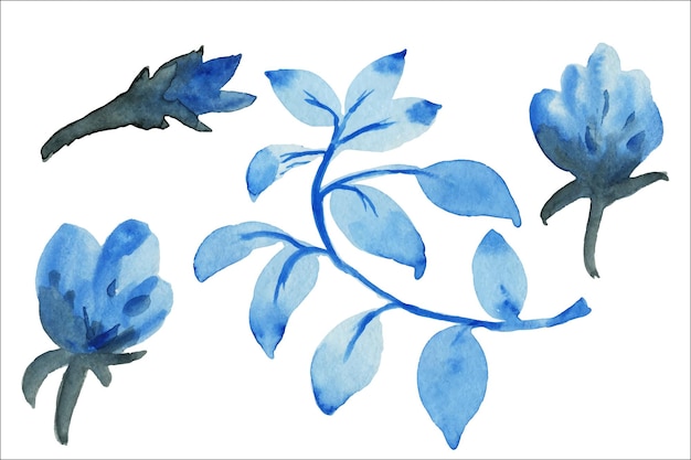 Foglie e fiori di campo in blu. fogliame blu. illustrazione ad acquerello.