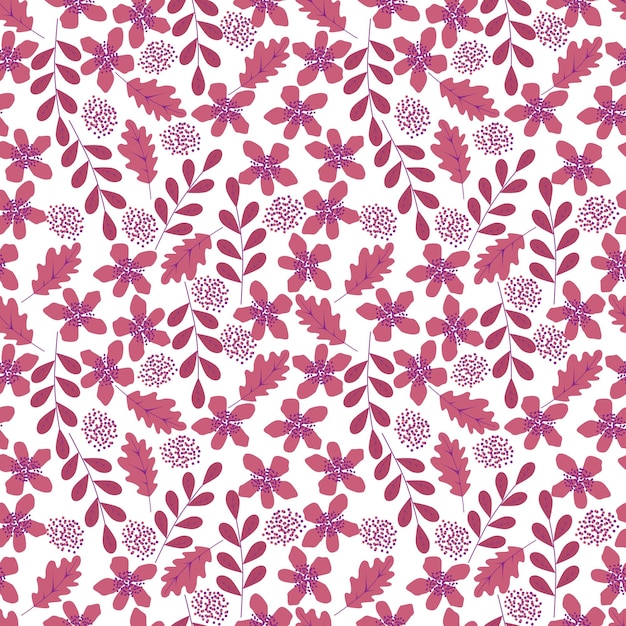 Vector leaves and flowers pink purple patterns on a white background