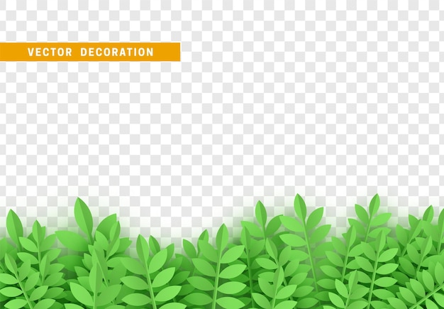 Leaves and grass paper art cartoon style. Decorative border made of leaves isolated. Vector illustration
