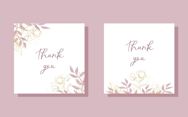 Leaves on a greeting thank you card Watercolour in gold and pink tones The inscription thank you