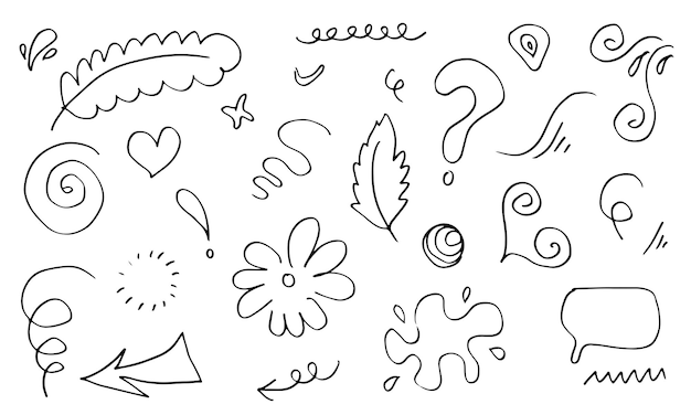 Vector leaves hearts abstract ribbons arrows and other elements in hand drawn styles.