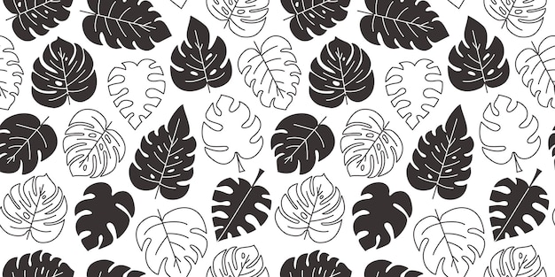 Leaves monstera seamless pattern, black tropical.