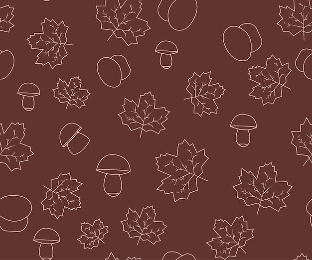 Leaves and mushrooms line art pattern