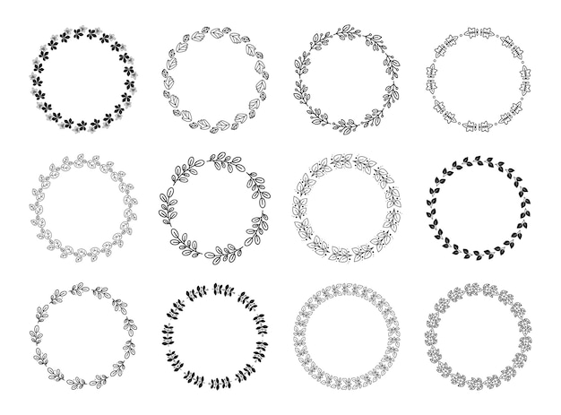 나뭇잎 장식 원형 프레임 소박한 화환 라운드 잎 테두리와 꽃 장식 벡터 세트