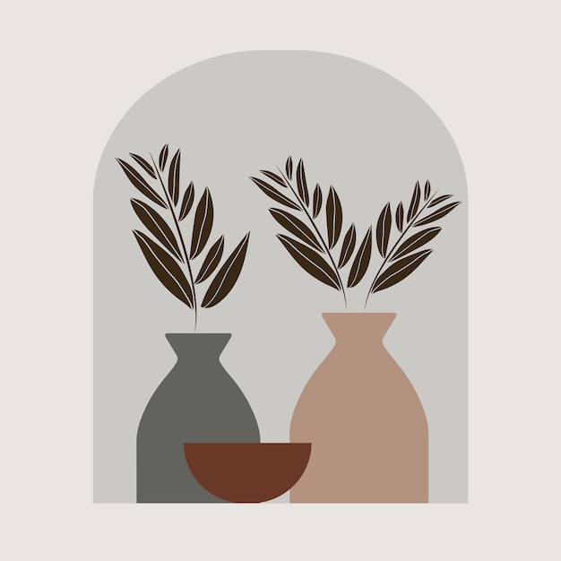 leaves pots boho minimalist art neutral colors vector organic silhouettes green beige brown