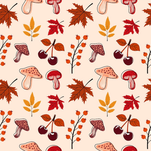 leaves rowanberry and mushroom pattern design