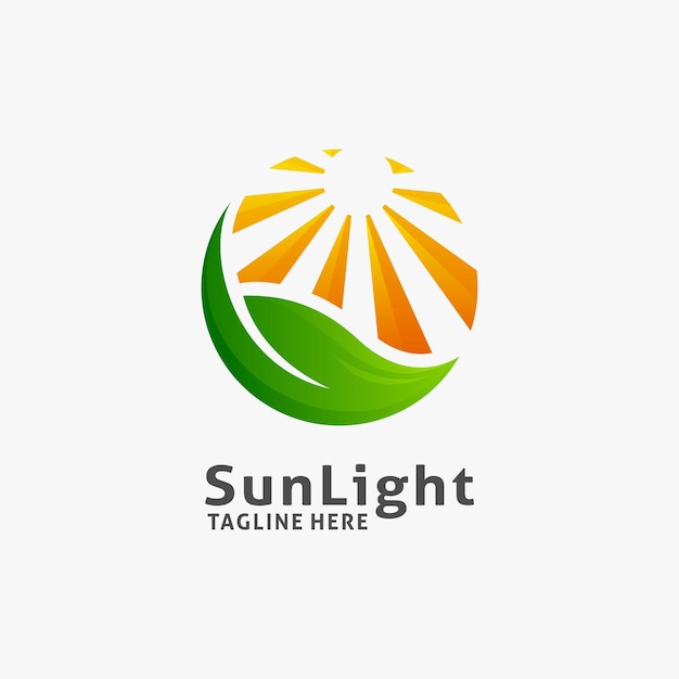 葉と太陽の光で、円の中に自然なロゴ デザイン