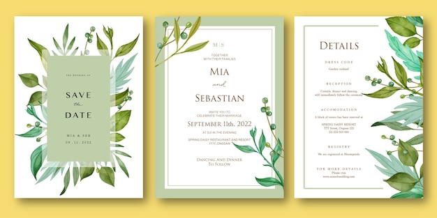 Leaves watercolor wedding invitation set