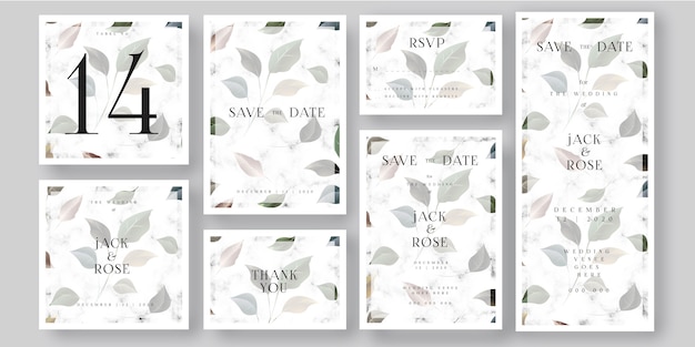 Leaves and white marble wedding invitation card