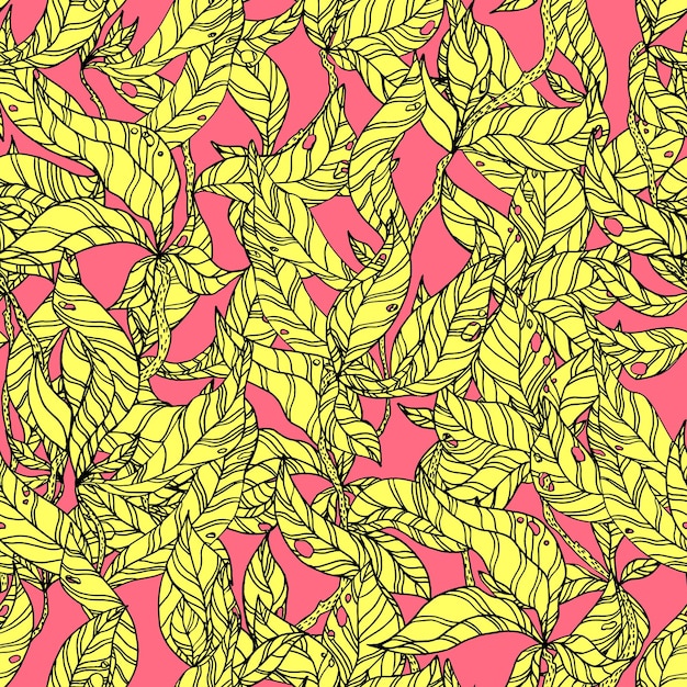 Leaves on wooden twigs vector seamless pattern white