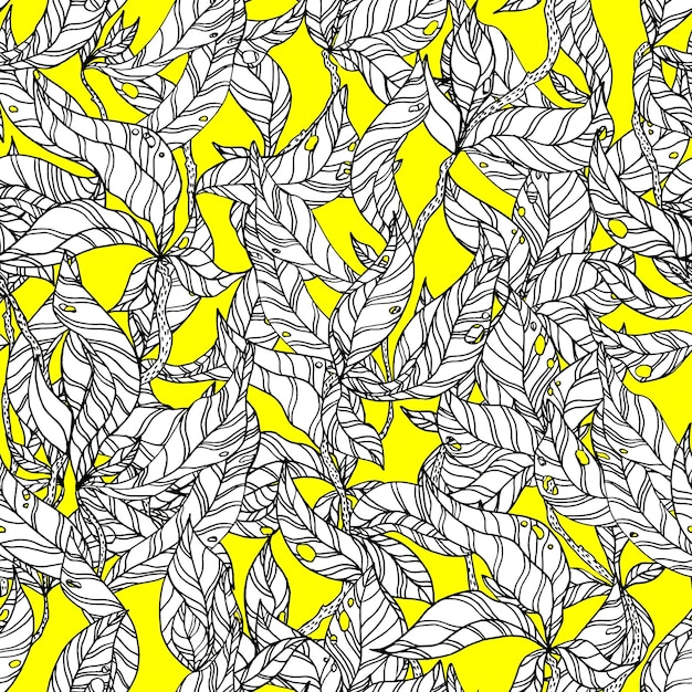 Leaves on wooden twigs vector seamless pattern white