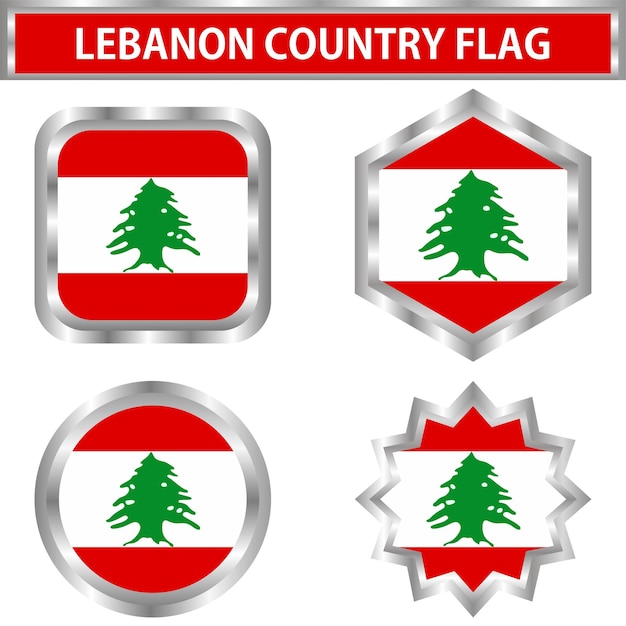 Lebanese icon flag round, hexagon, twelfth and square. Stainless frame. Vector illustration