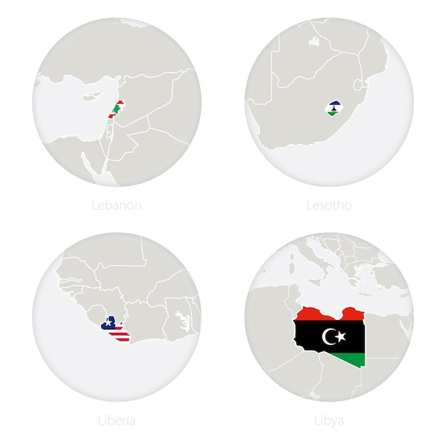 Il libano, il lesotho, la liberia, la libia mappano il contorno e la bandiera nazionale in un cerchio. illustrazione di vettore.