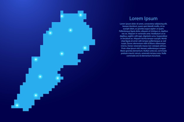 Lebanon map silhouette from blue square pixels and glowing stars. Vector illustration.