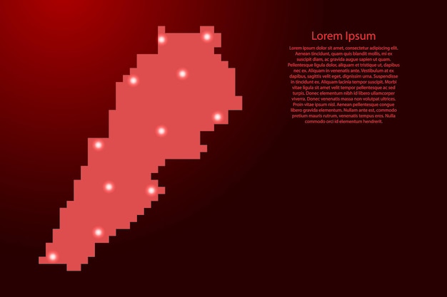 Lebanon map silhouette from red square pixels and glowing stars. vector illustration.