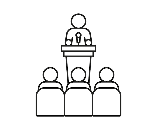 Lector speech behind podium audience spectator line icon speaker leader businessman teacher vector